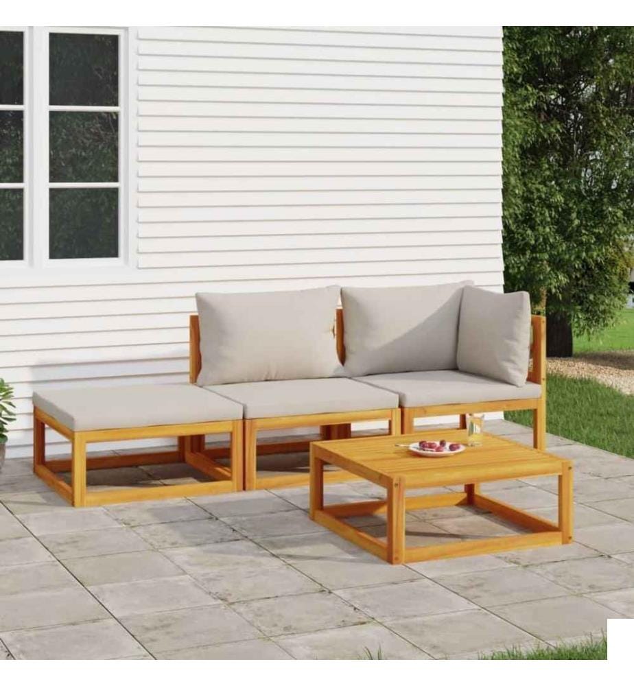 Salon de jardin 4 pcs avec coussins gris clair bois massif