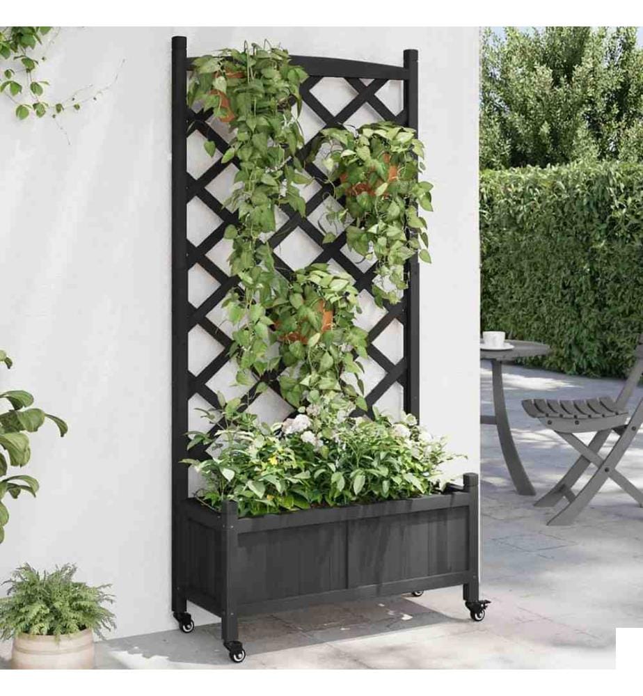 Jardinière avec treillis et roues noir bois massif de sapin