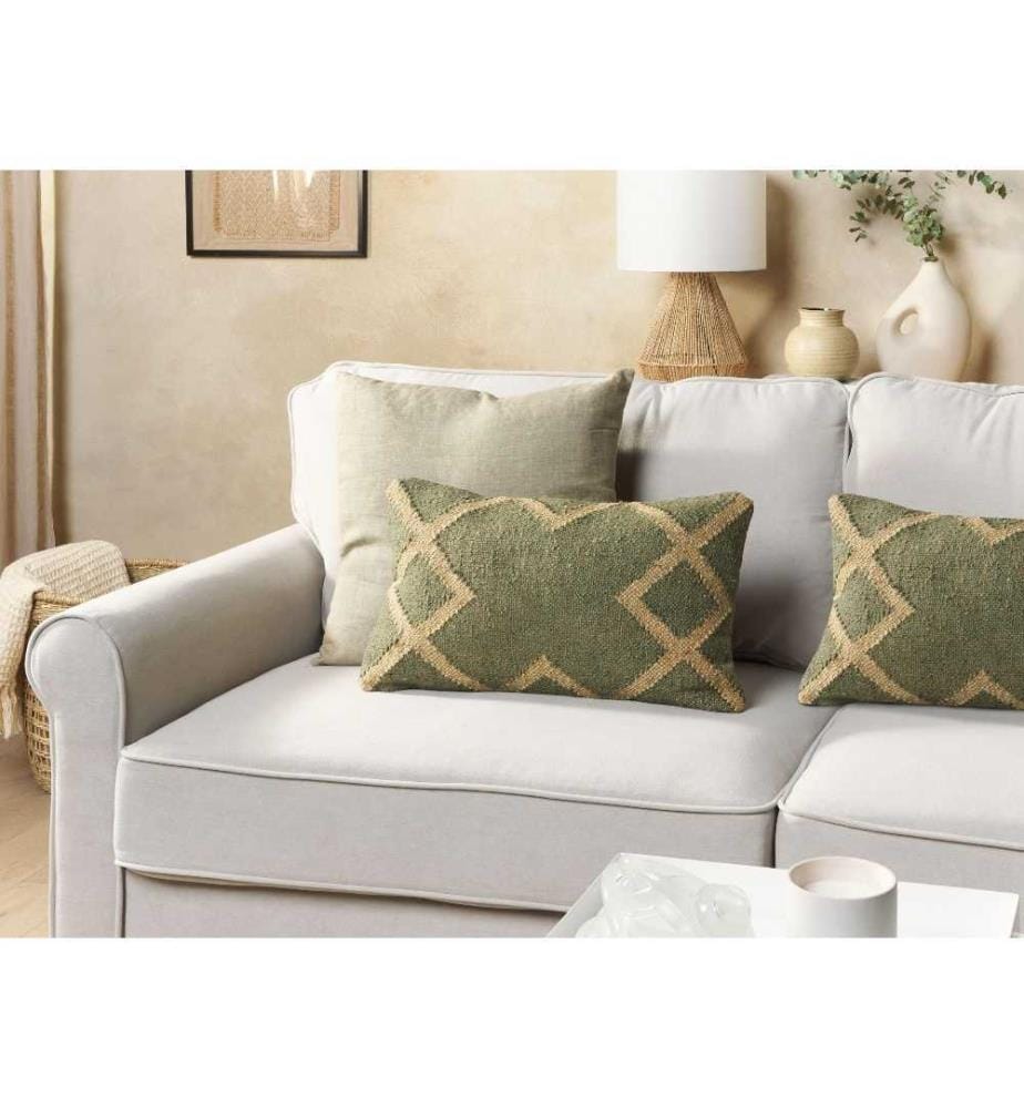Coussins Vert et Beige en Jute et Laine 30 x 50 cm à Motif Oriental Style Kilim Couleurs Délavées Rembourré pour Intérieur Lot de 2