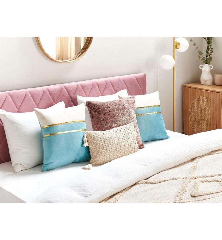 Coussins Décoratifs Bleu et Beige en Velours 45 x 45 cm à Rayures Dorées Moelleux pour Intérieur Housse Amovible Lot de 2