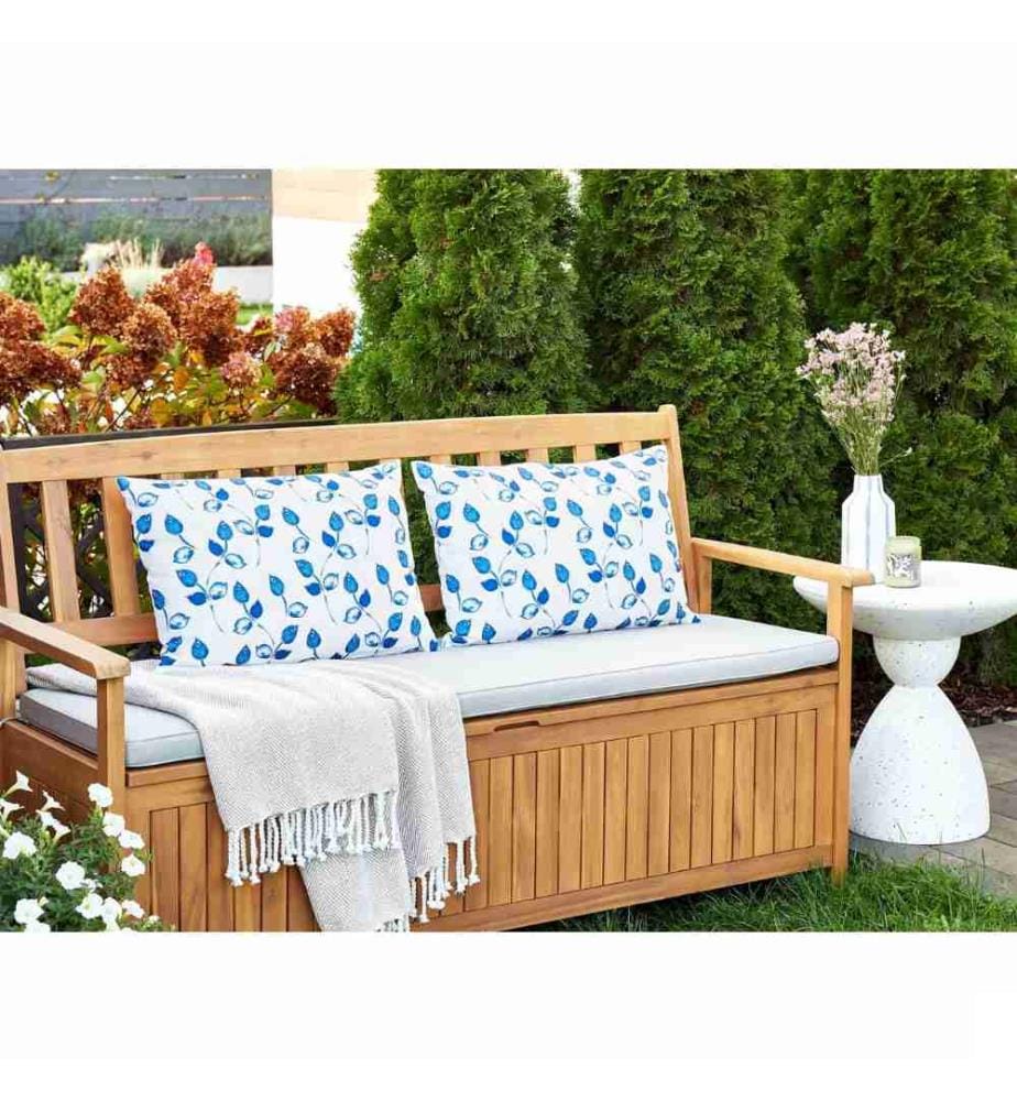 Lot de 2 coussins de jardin avec taie d'oreiller en tissu blanc et bleu avec motif de feuilles 40 x 60 cm extérieur terrasse housses imperméables