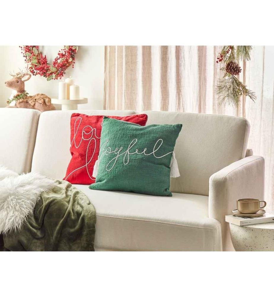 Coussin Décoratif en Coton Vert à Inscription Manuscrite Joyful 45 x 45 cm Rembourré Housse Amovible pour Intérieur Chambre ou Salon
