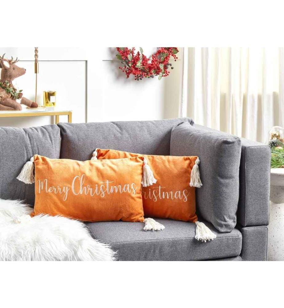 Lot de 2 Coussins en Velours Orange à Inscription et Pompons 30 x 50 cm Accessoire de Fêtes Parfaits pour Salon ou Chambre
