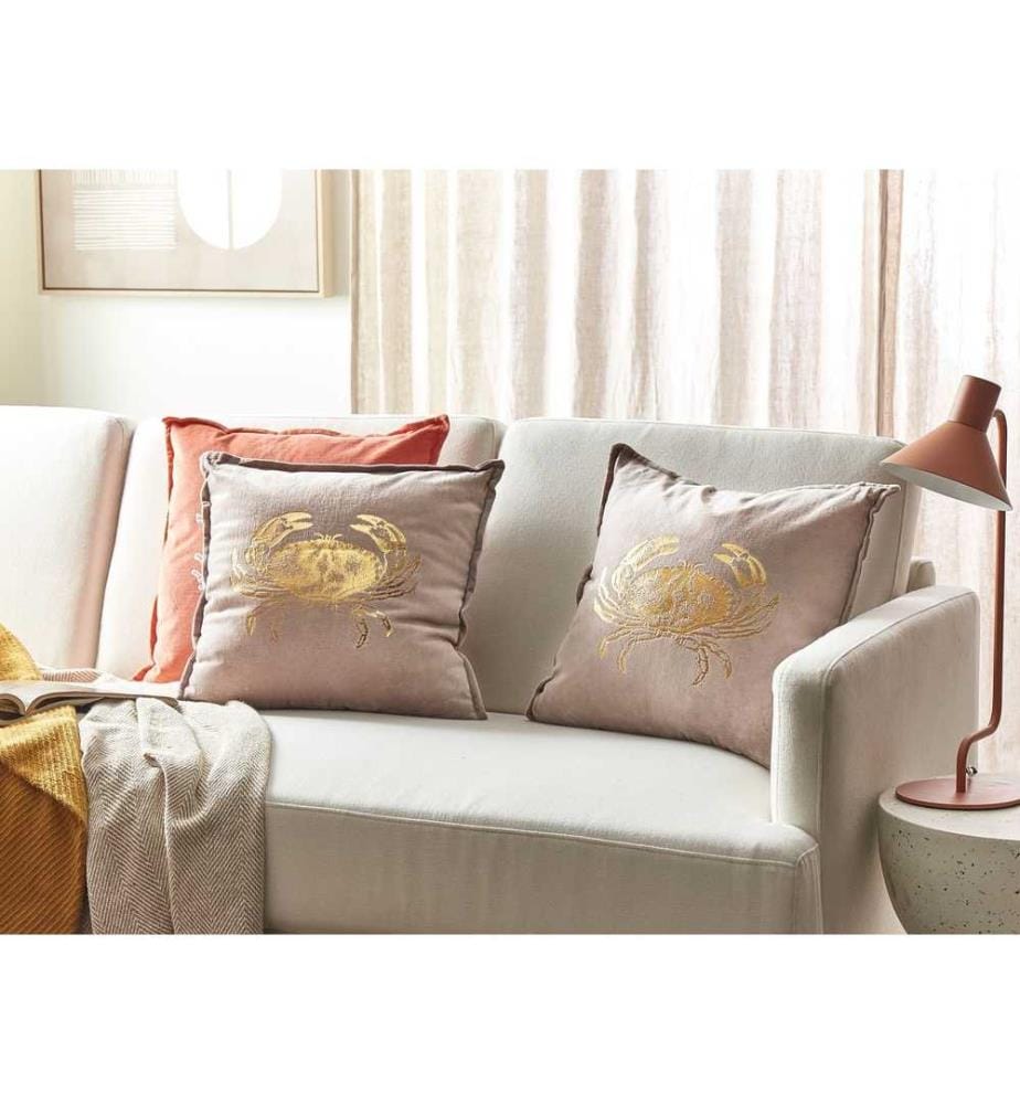 Lot de 2 Coussins Décoratifs en Velours Taupe 45 x 45 cm à Motif de Crabe Rembourré Accessoire Moelleux pour Intérieur à Motif Doré