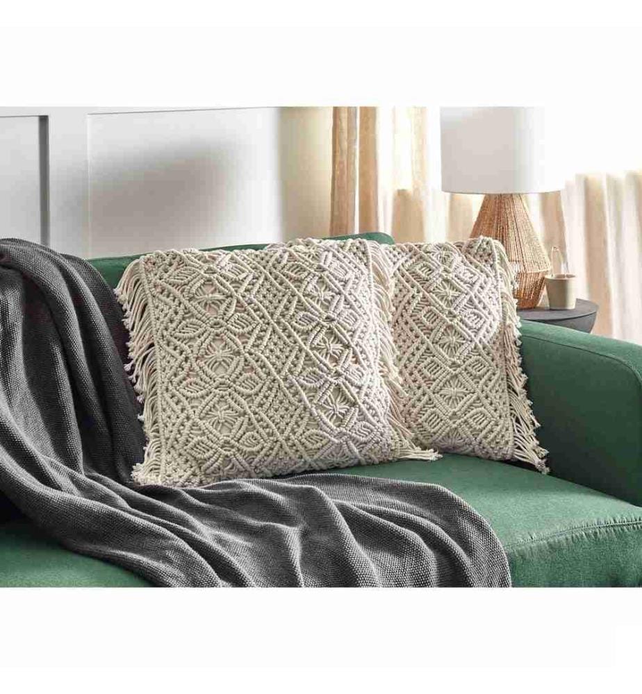 Set de 2 coussins décoratifs Beige en coton 45 x 45 cm design macramé avec franges style boho moderne pour salon chambre canapé fauteuil lit
