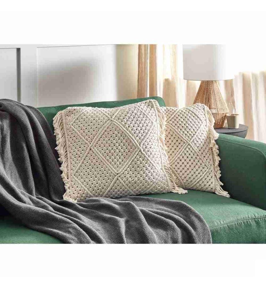 Set de 2 coussins décoratifs Beige en coton 45 x 45 cm design macramé avec franges style boho moderne pour salon chambre canapé fauteuil lit