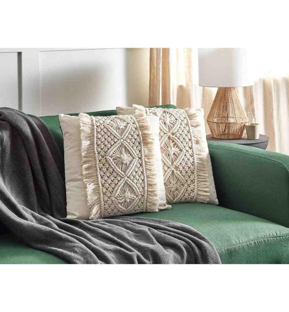 Set de 2 coussins décoratifs Beige en coton 45 x 45 cm design macramé avec franges style boho moderne pour salon chambre canapé fauteuil lit