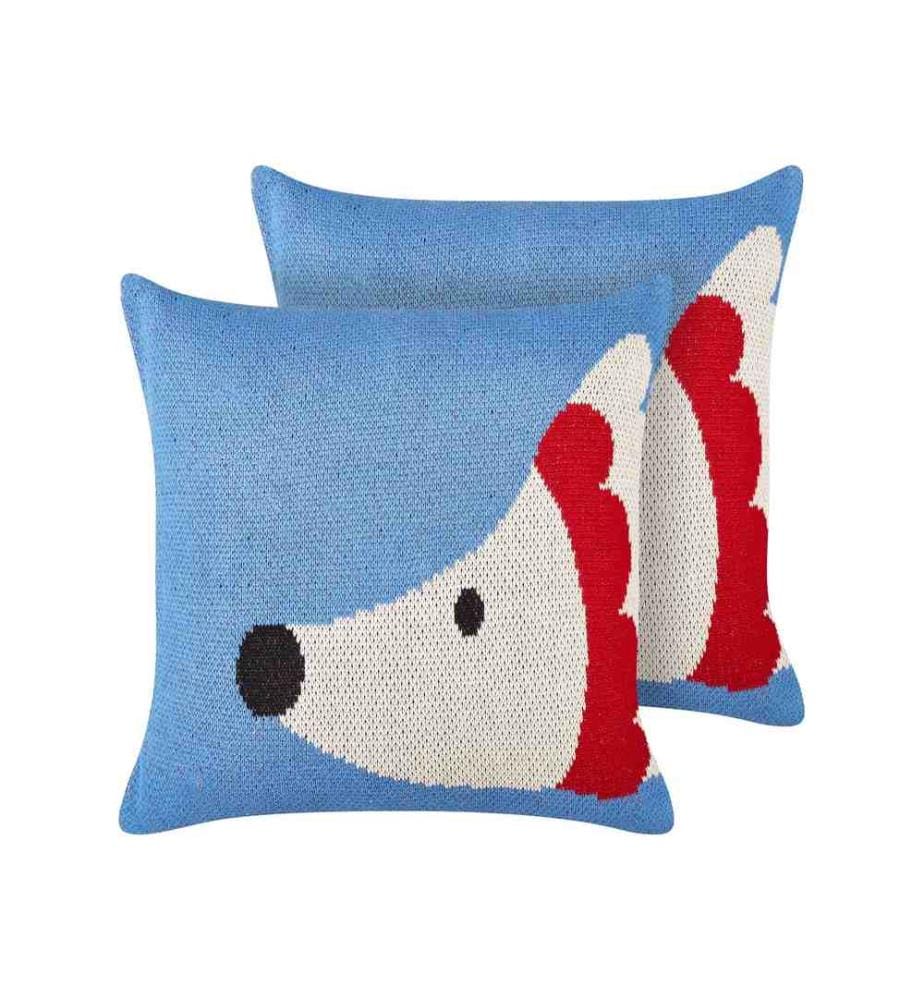 Lot de 2 Coussins Bleu en Coton 45 x 45 cm pour Enfants Motif Hérisson Accessoires Chambre