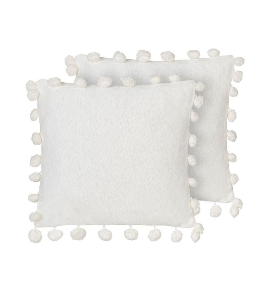 Lot de 2 Coussins Blanc en Tissu Polyester 45 x 45 cm avec Pompons Faits à la Main Accessoires Décoration d'Intérieur