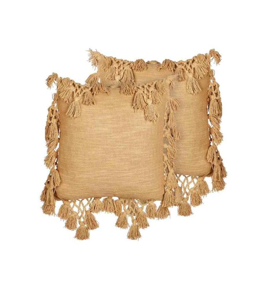 Lot de 2 Coussins Beige Sable en Coton 45 x 45 cm avec Franges Tricotés Accessoires de Décoration d'Intérieur