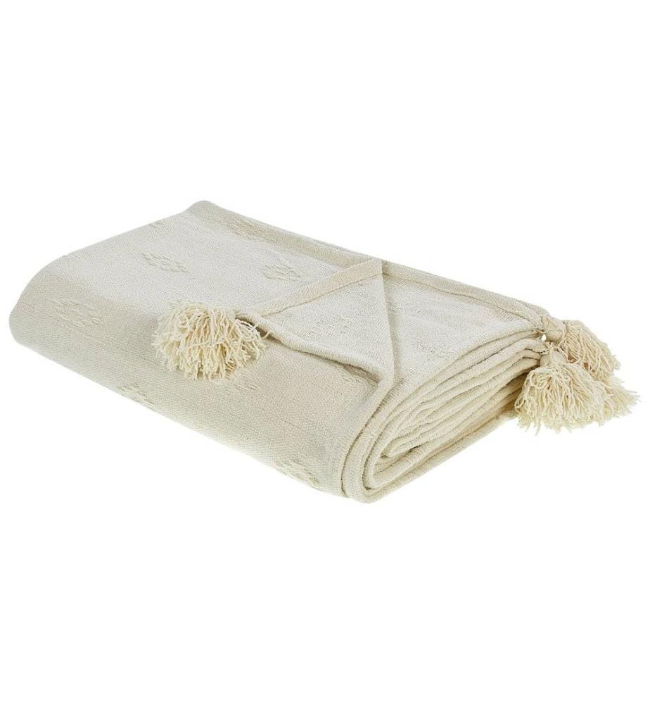 Couvre-lit Plaid Couverture Beige en Chenille 220 x 240 cm avec Pompons Décoratif Chambre à Coucher Style Classique