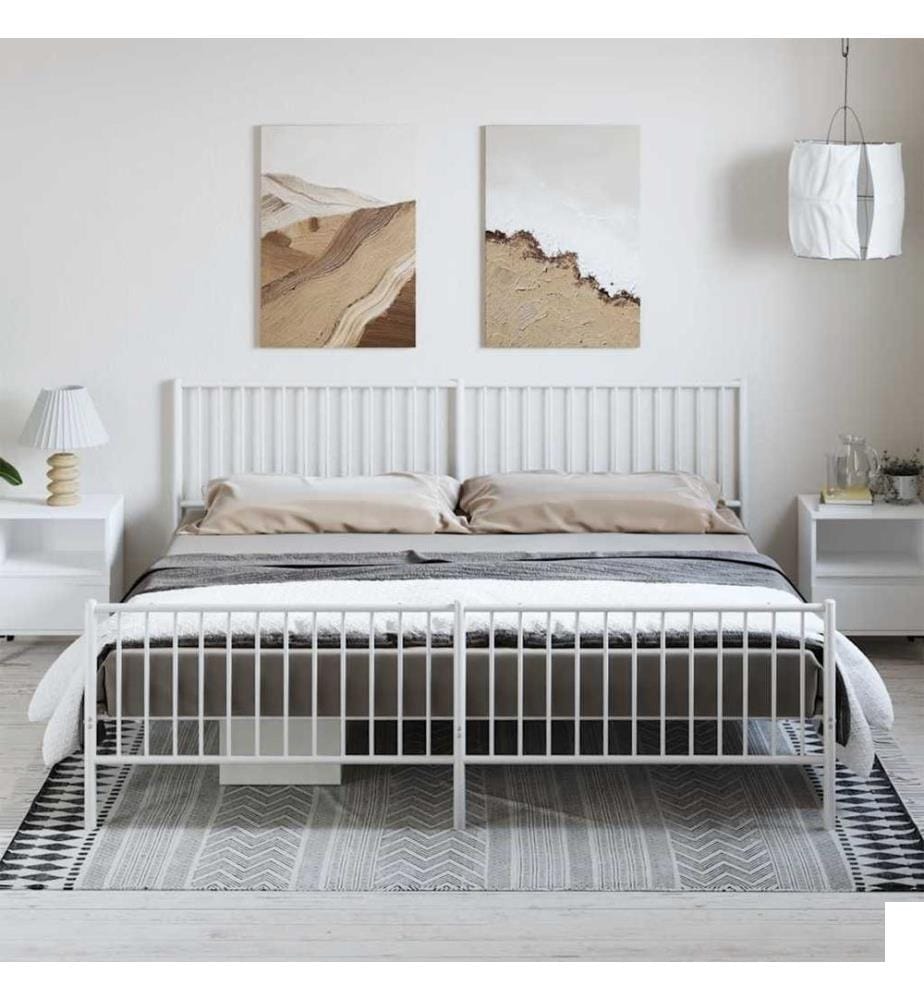 Cadre de lit métal sans matelas et pied de lit blanc 193x203 cm