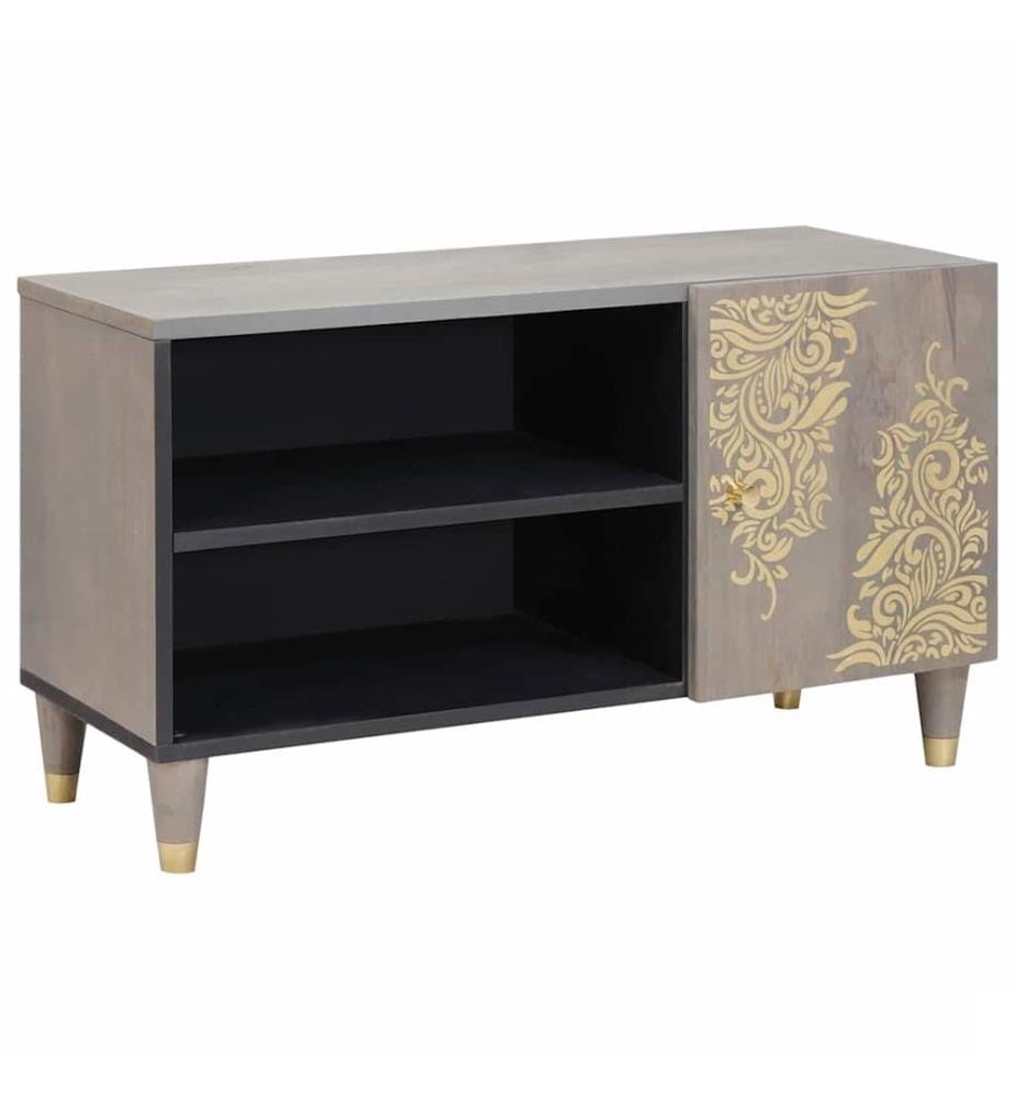 Meuble TV avec porte Gris 80 x 33 x 46 cm Bois de mangue massif