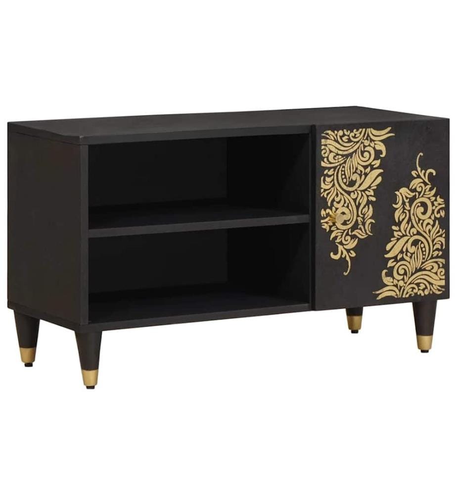 Meuble TV avec porte Noir 80 x 33 x 46 cm Bois de mangue massif