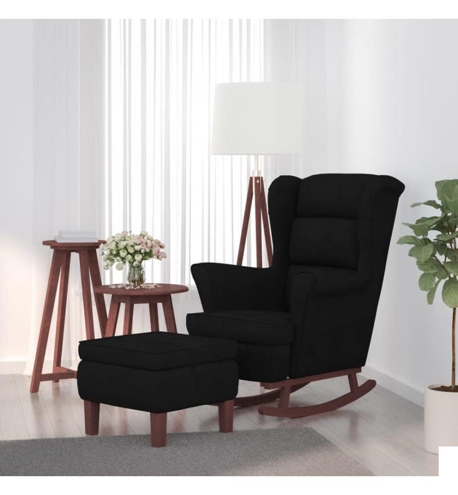 Fauteuil à bascule à oreilles en velours noir bois massif