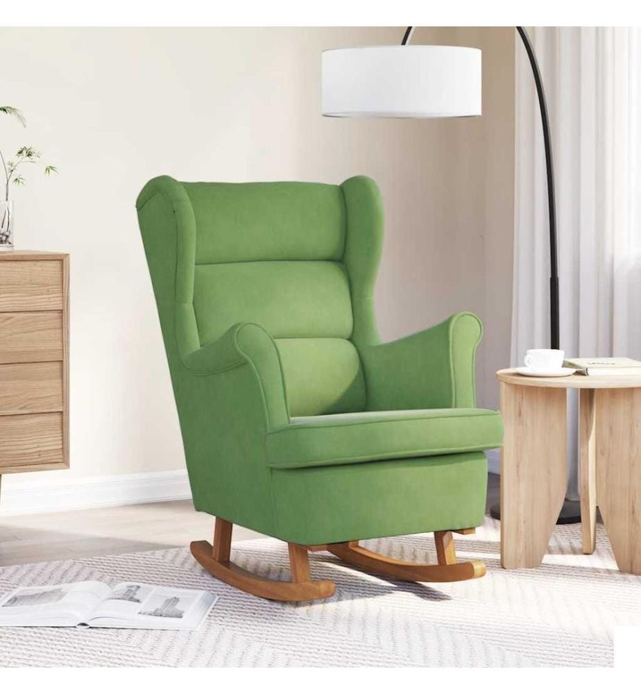 Fauteuil à bascule à oreilles en velours vert clair bois massif