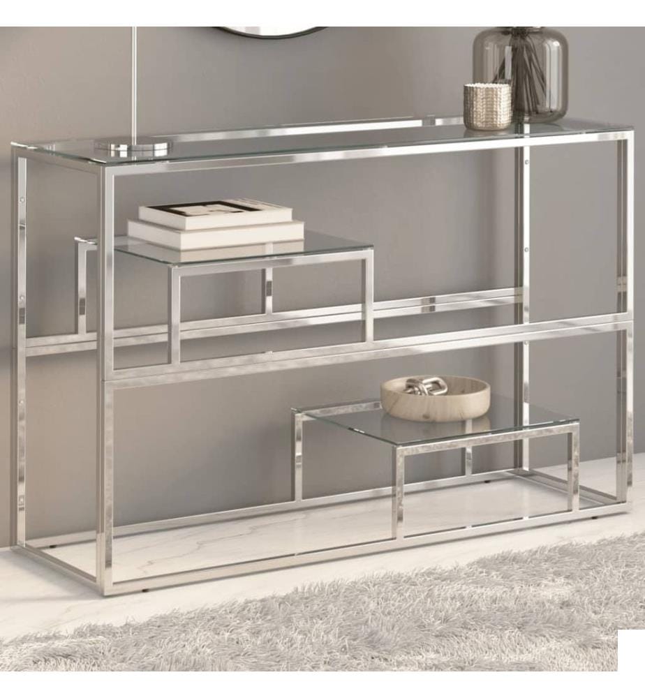 Table console argenté acier inoxydable et verre trempé