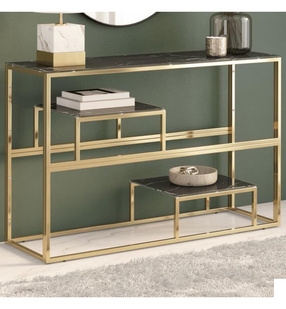 Table console doré acier inoxydable et verre trempé