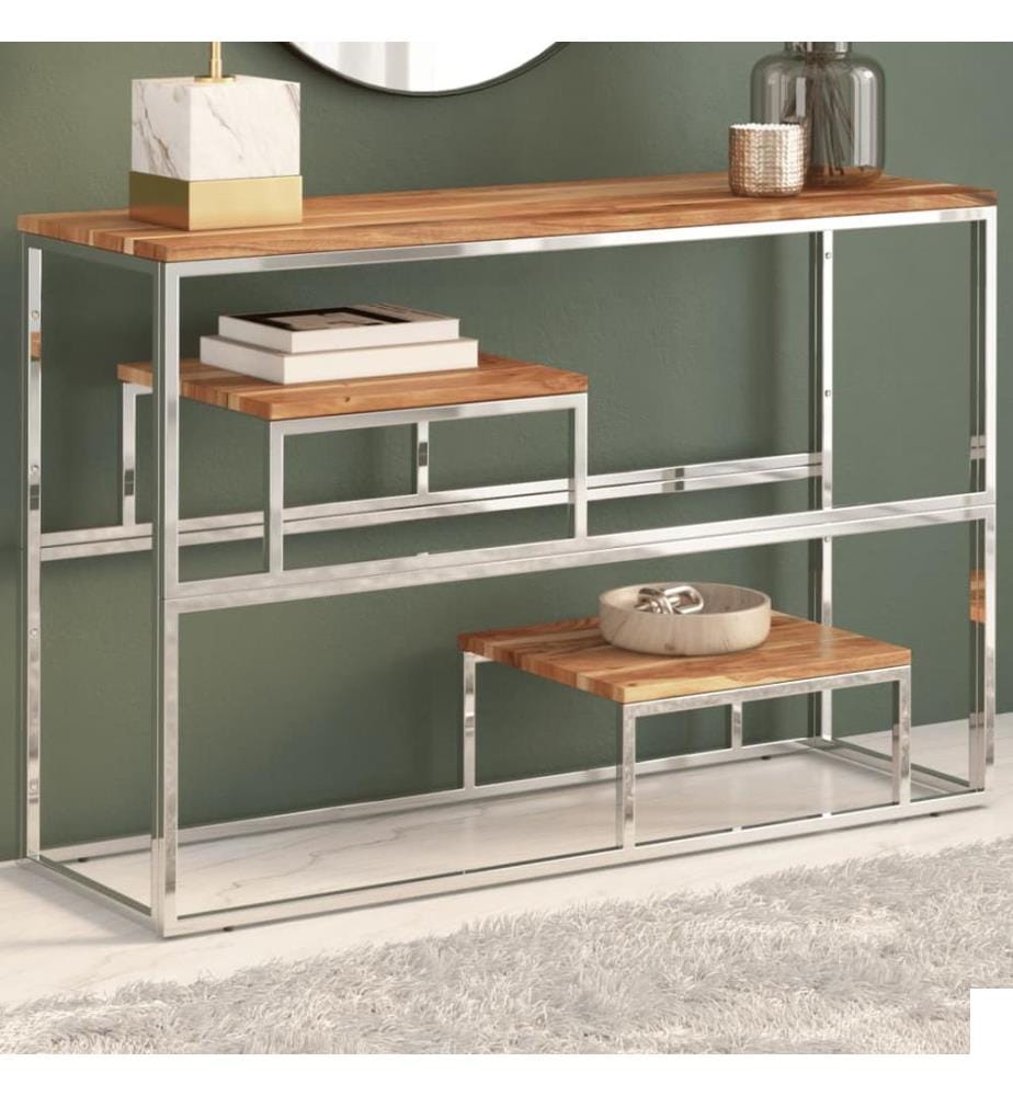 Table console argenté acier inoxydable et bois massif d'acacia