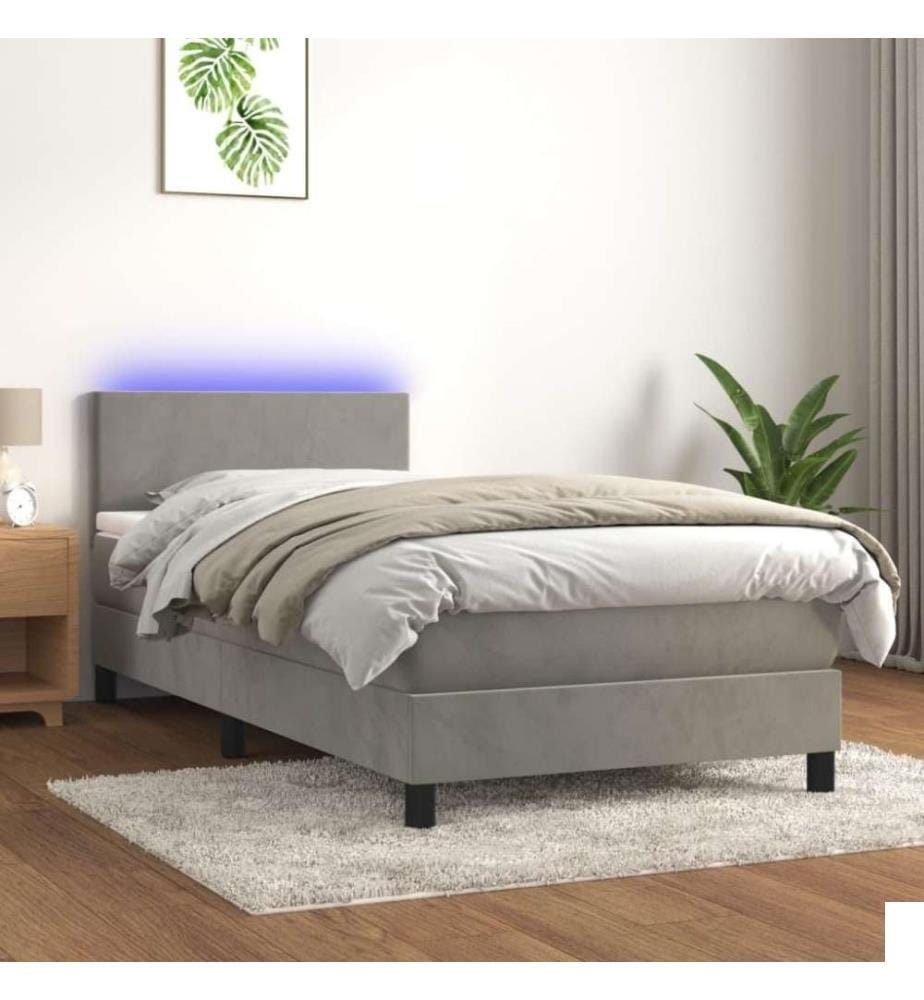 Sommier tapissier et matelas et LED Gris clair 80x200cm Velours