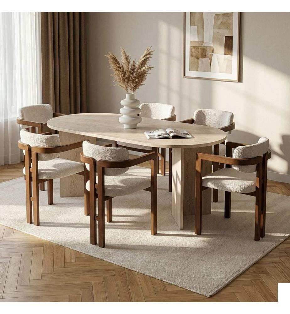 Ensemble table et chaises de salle à manger (7 pièces) - Travertine Walnut White