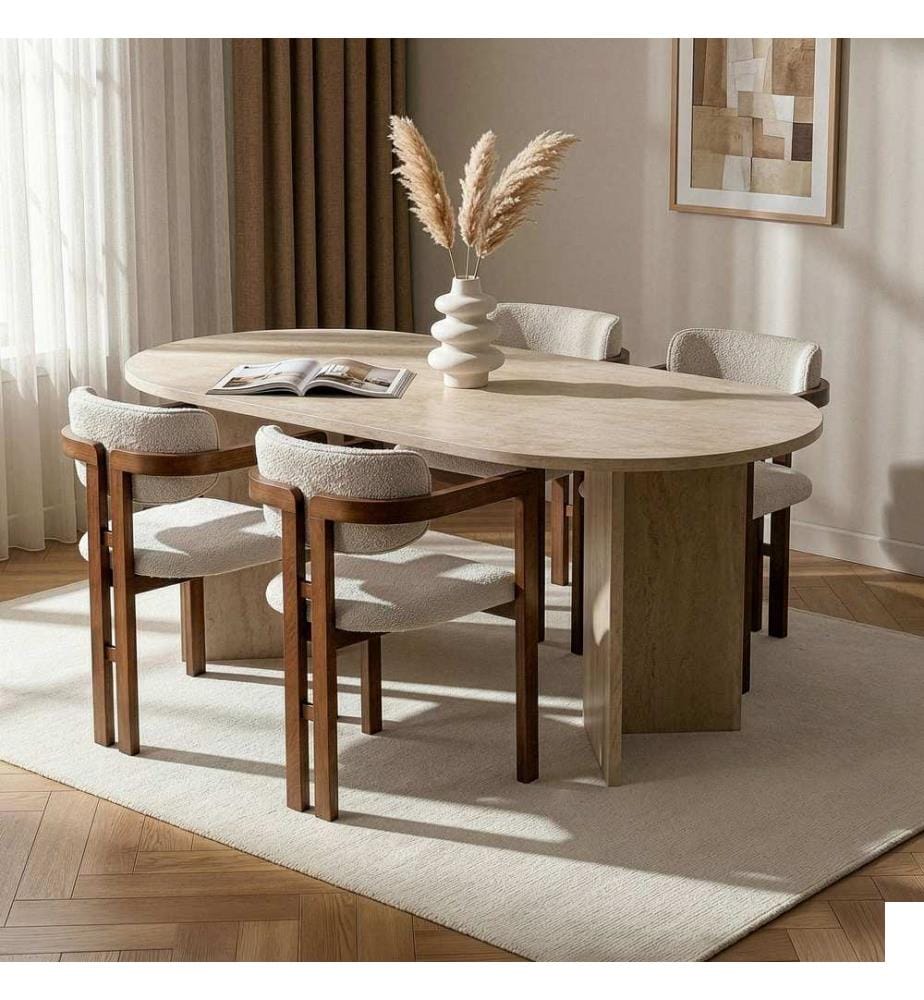Ensemble table et chaises de salle à manger (5 pièces) - Travertine Walnut White