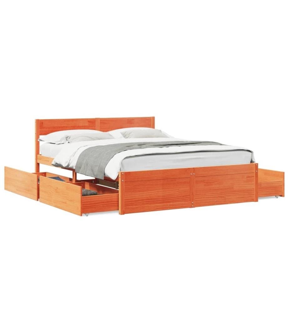Cadre de lit avec tiroirs cire marron 160x200cm bois massif pin