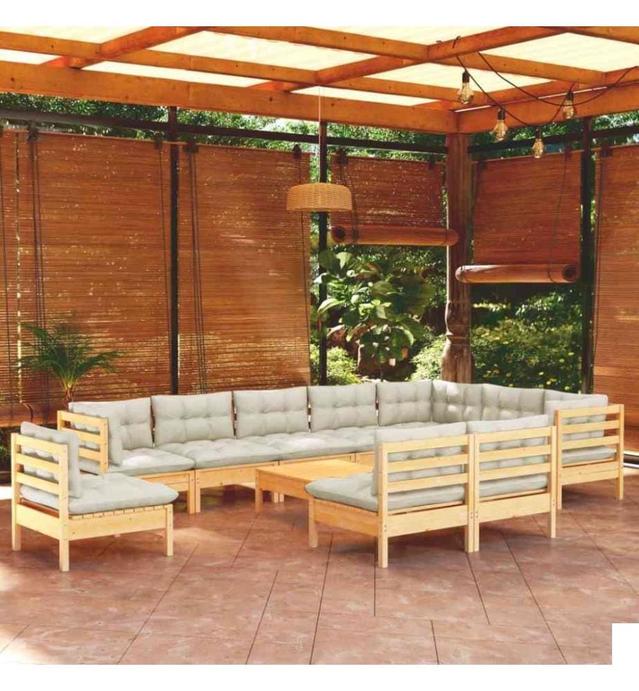 Salon de jardin 11 pcs avec coussins crème Bois de pin solide