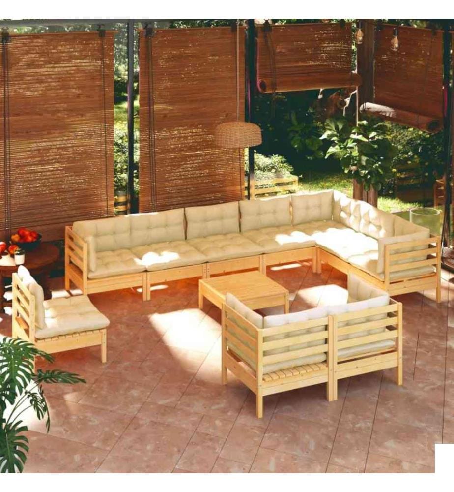 Salon de jardin 11 pcs avec coussins crème Bois de pin solide