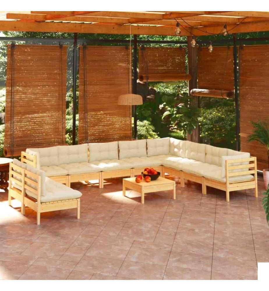 Salon de jardin 11 pcs avec coussins crème Bois de pin solide