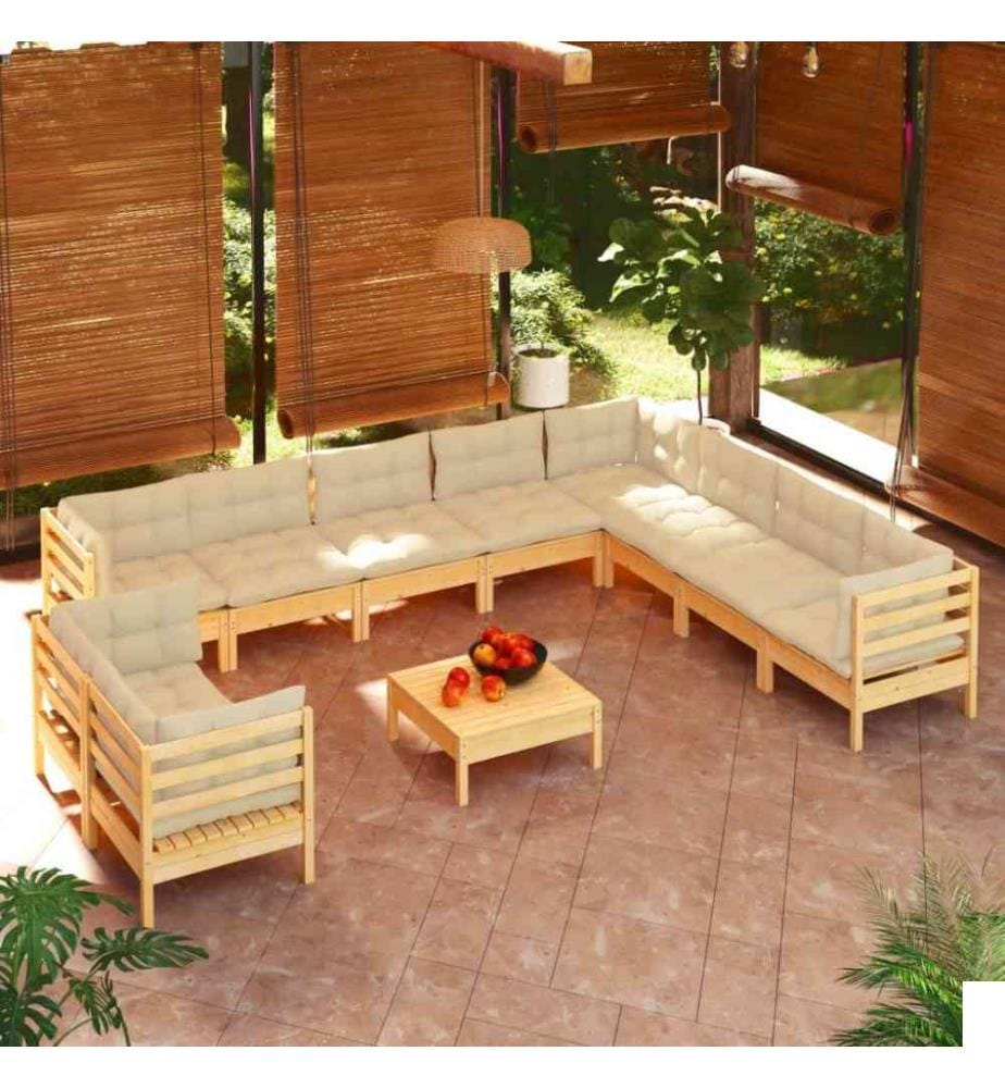 Salon de jardin 11 pcs avec coussins crème Bois de pin solide