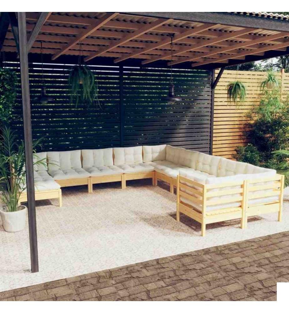 Salon de jardin 11 pcs avec coussins crème bois de pin