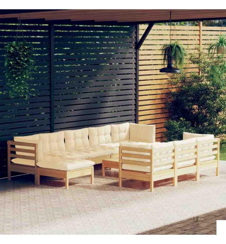 Salon de jardin 11 pcs avec coussins crème bois de pin solide