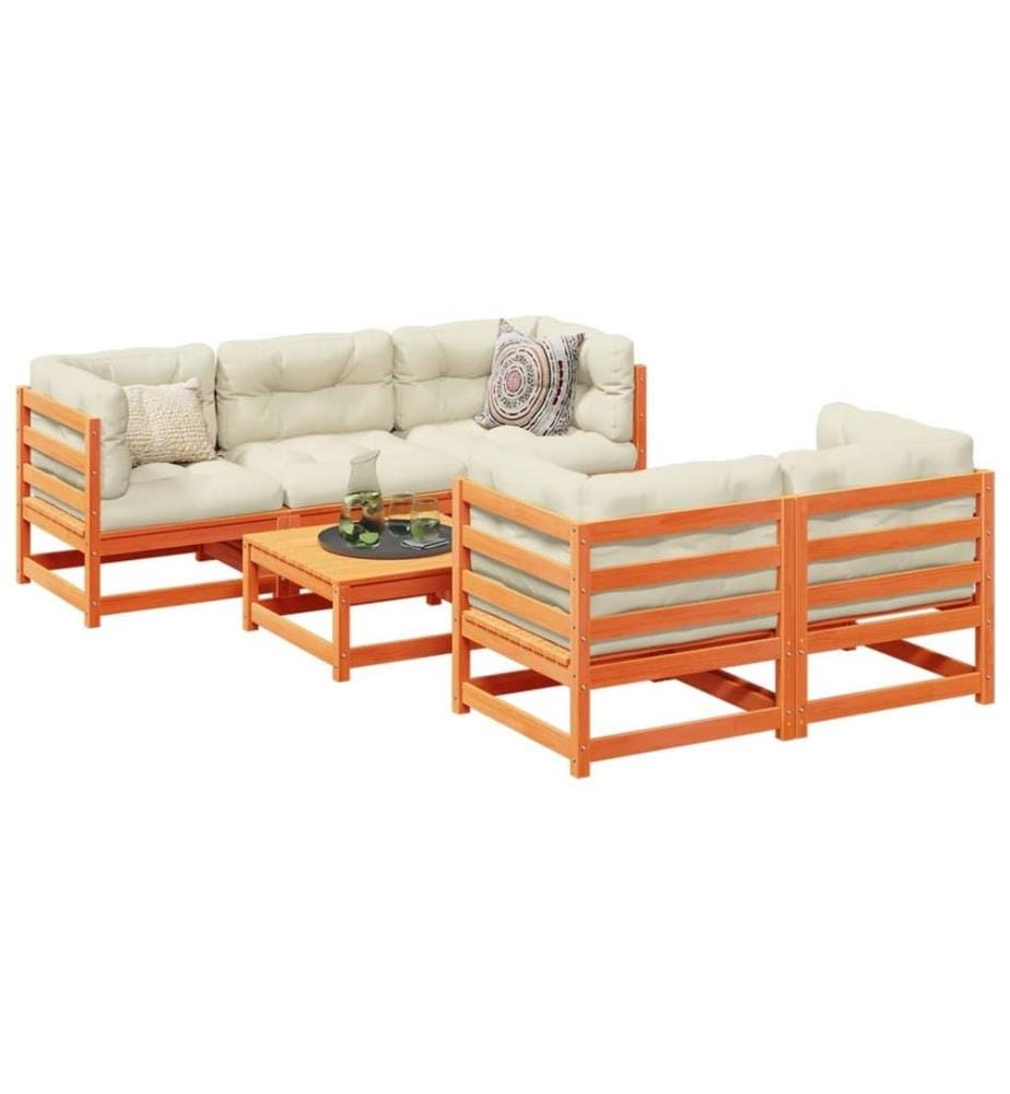 Salon de jardin 6 pcs avec coussins cire marron bois pin massif