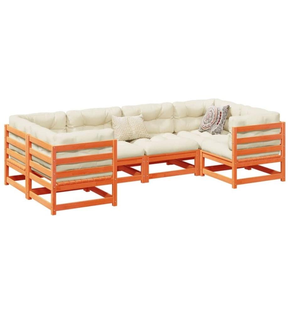 Salon de jardin 6 pcs avec coussins cire marron bois pin massif