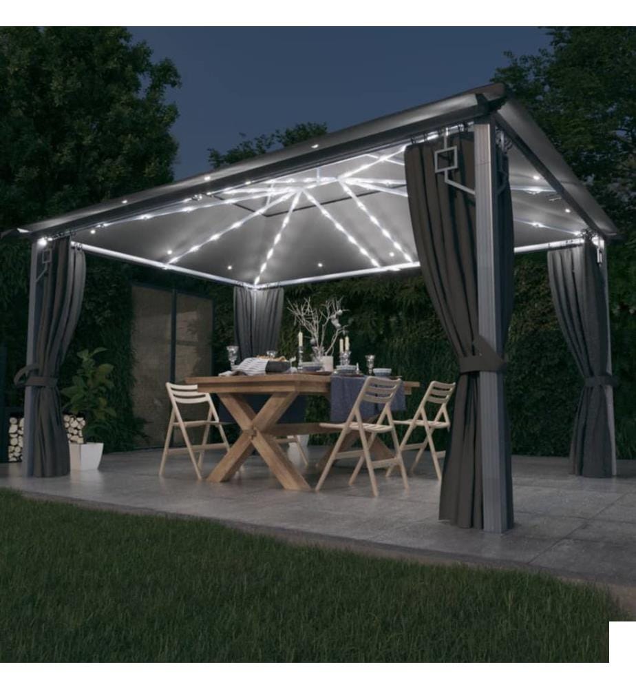 Tonnelle avec rideau et lumières LED 4x3 m Anthracite Aluminium