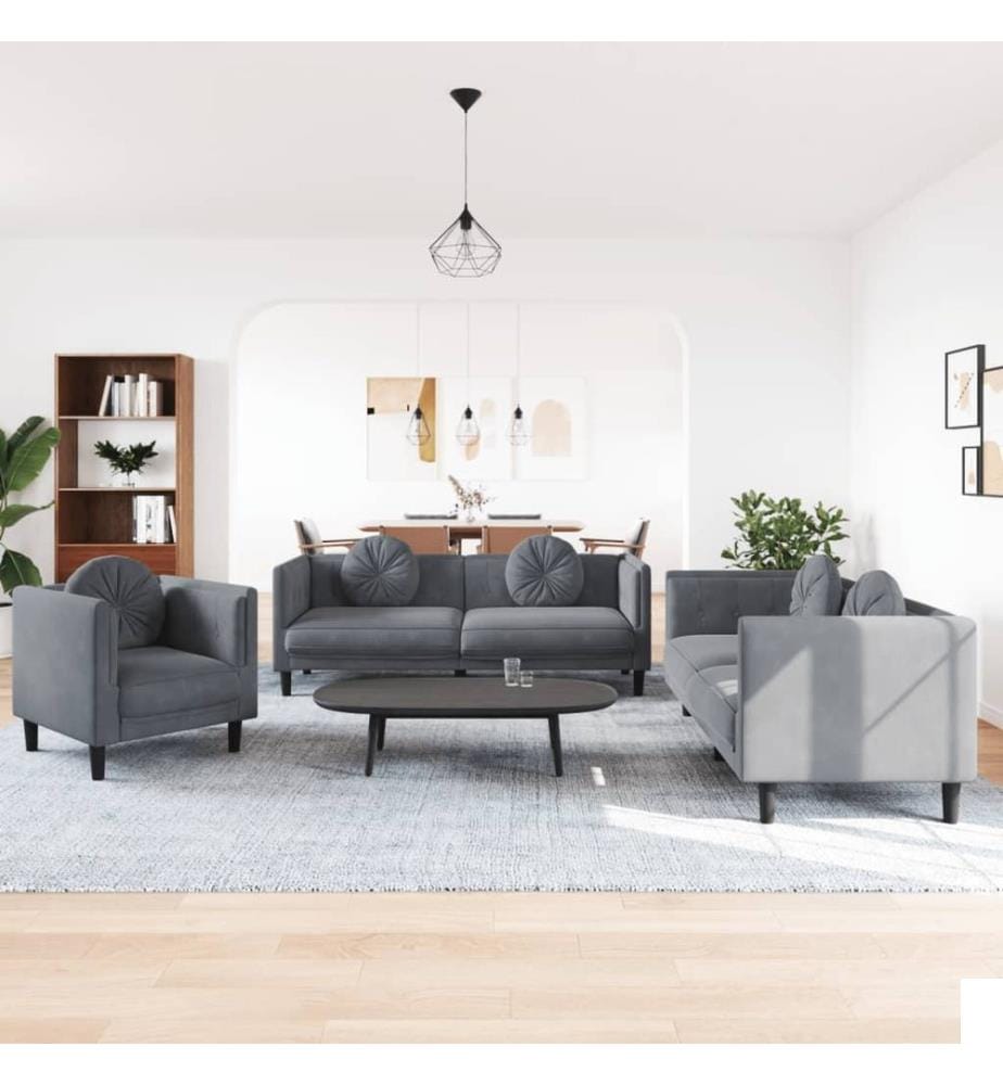 Ensemble de canapés 3 pcs avec coussins gris foncé velours