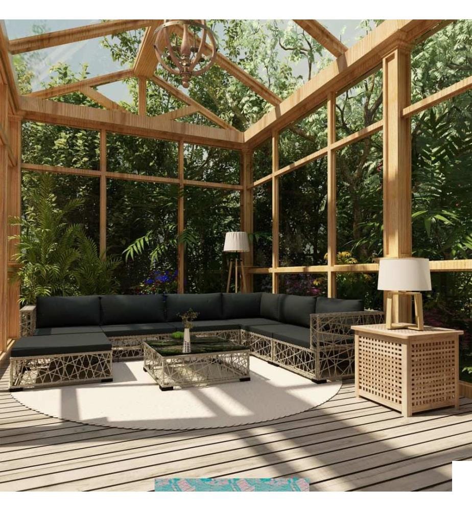 Salon de jardin 8 pcs avec coussins résine tressée gris