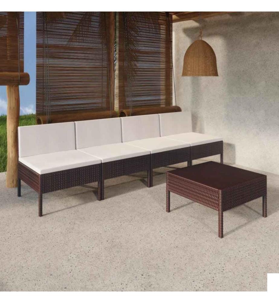 Salon de jardin 5 pcs avec coussins Résine tressée Marron