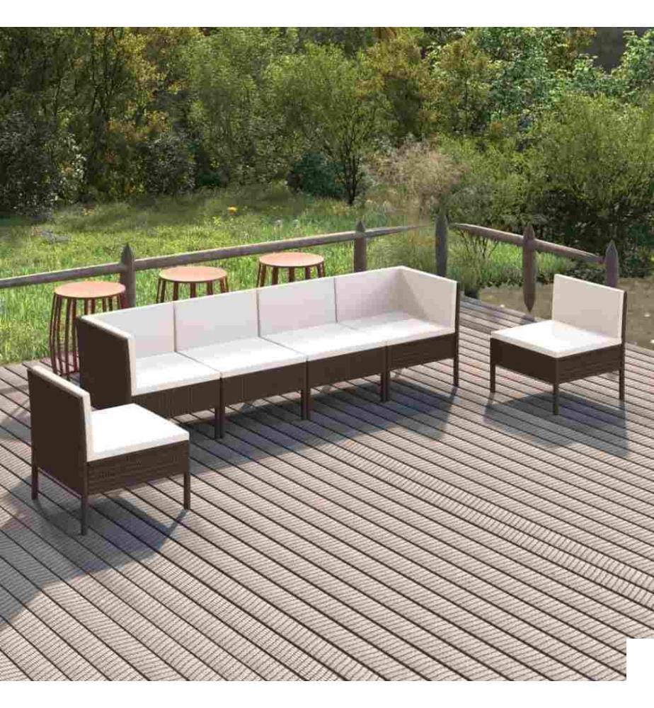 Salon de jardin 6 pcs avec coussins Résine tressée Marron