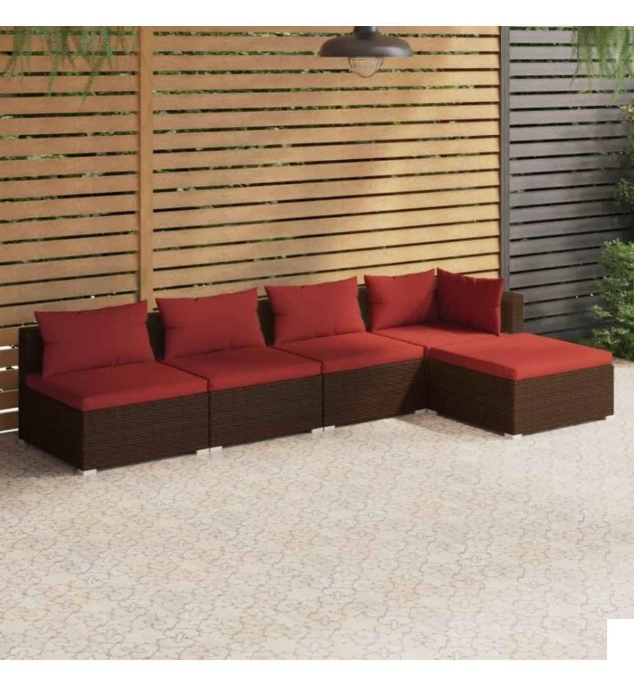 Salon de jardin 5 pcs avec coussins Résine tressée Marron