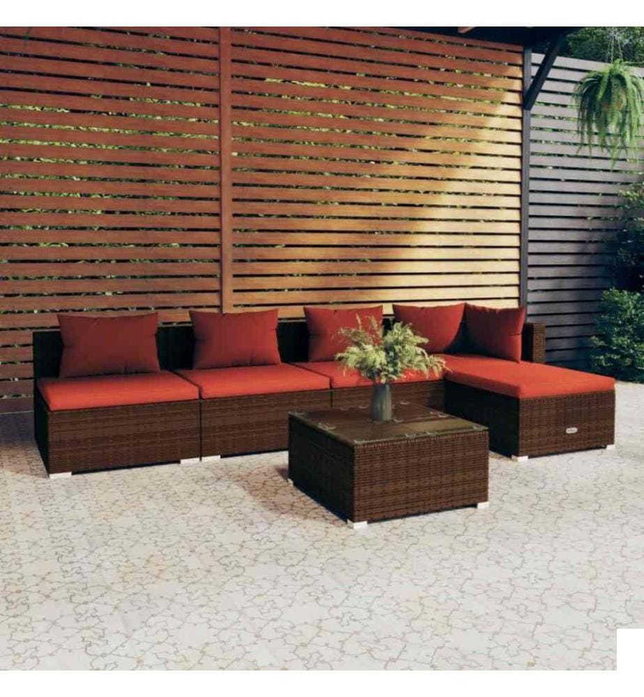 Salon de jardin 6 pcs avec coussins Résine tressée Marron