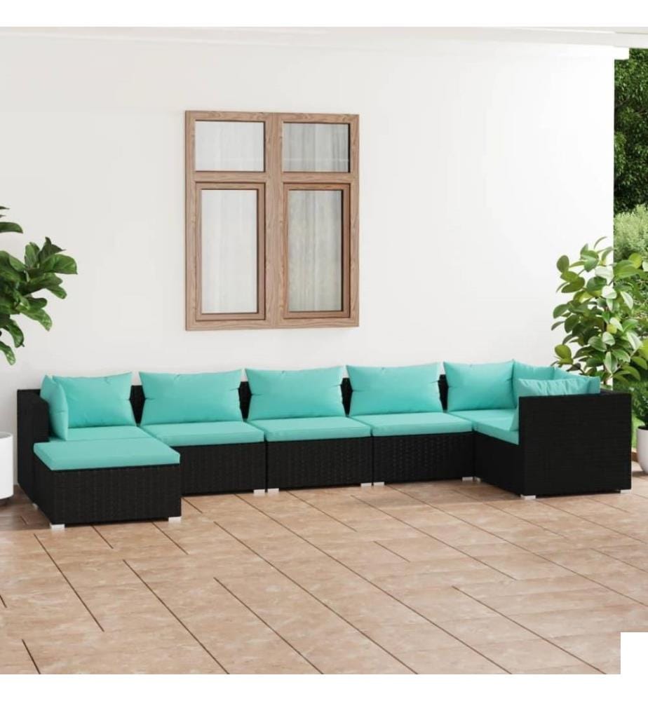 Salon de jardin 7 pcs avec coussins Résine tressée Noir