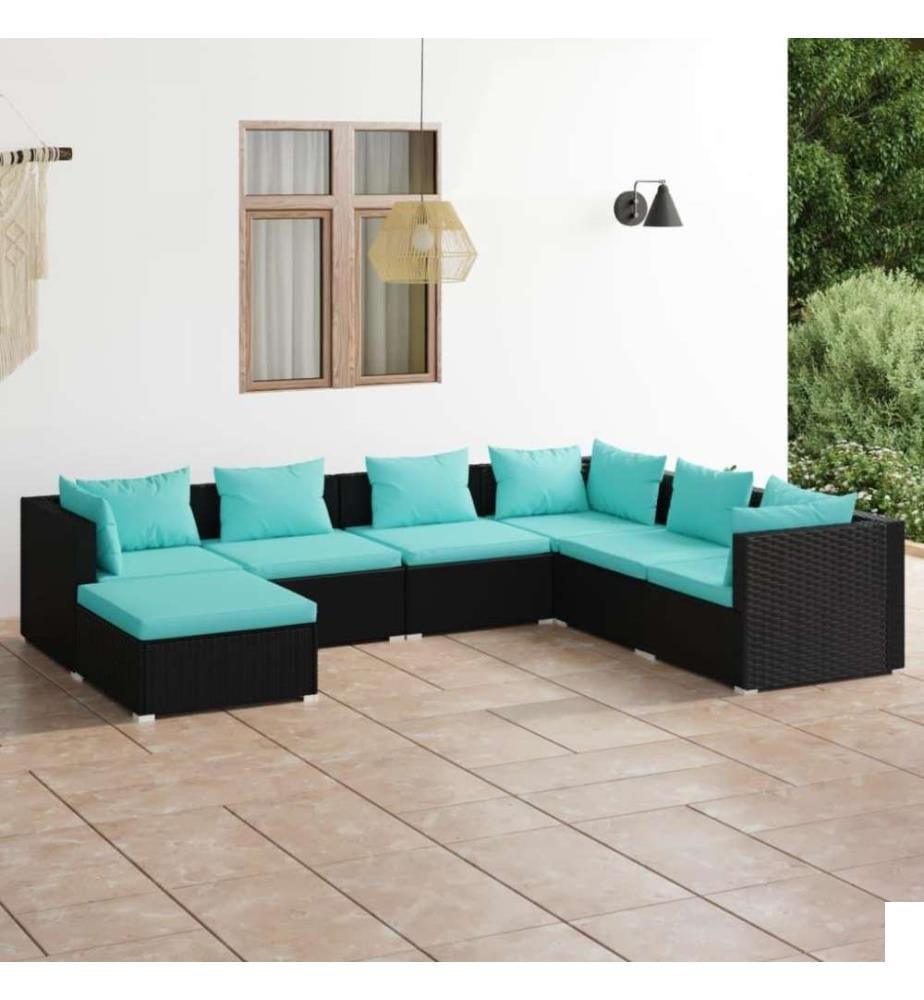 Salon de jardin 7 pcs avec coussins Résine tressée Noir