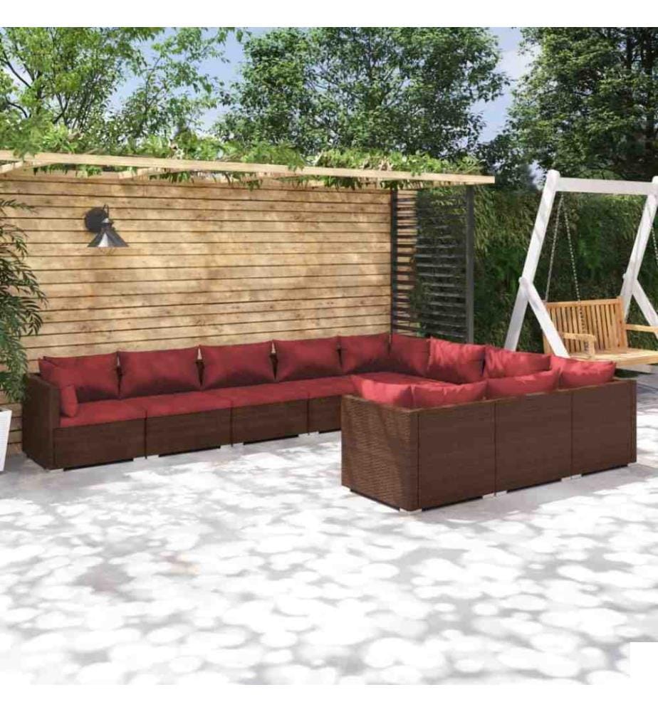 Salon de jardin 10 pcs avec coussins Résine tressée Marron