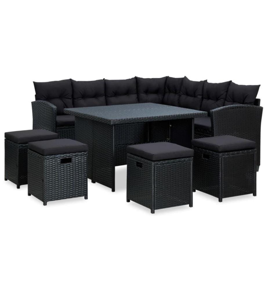 Salon de jardin 6 pcs avec coussins Résine tressée Noir