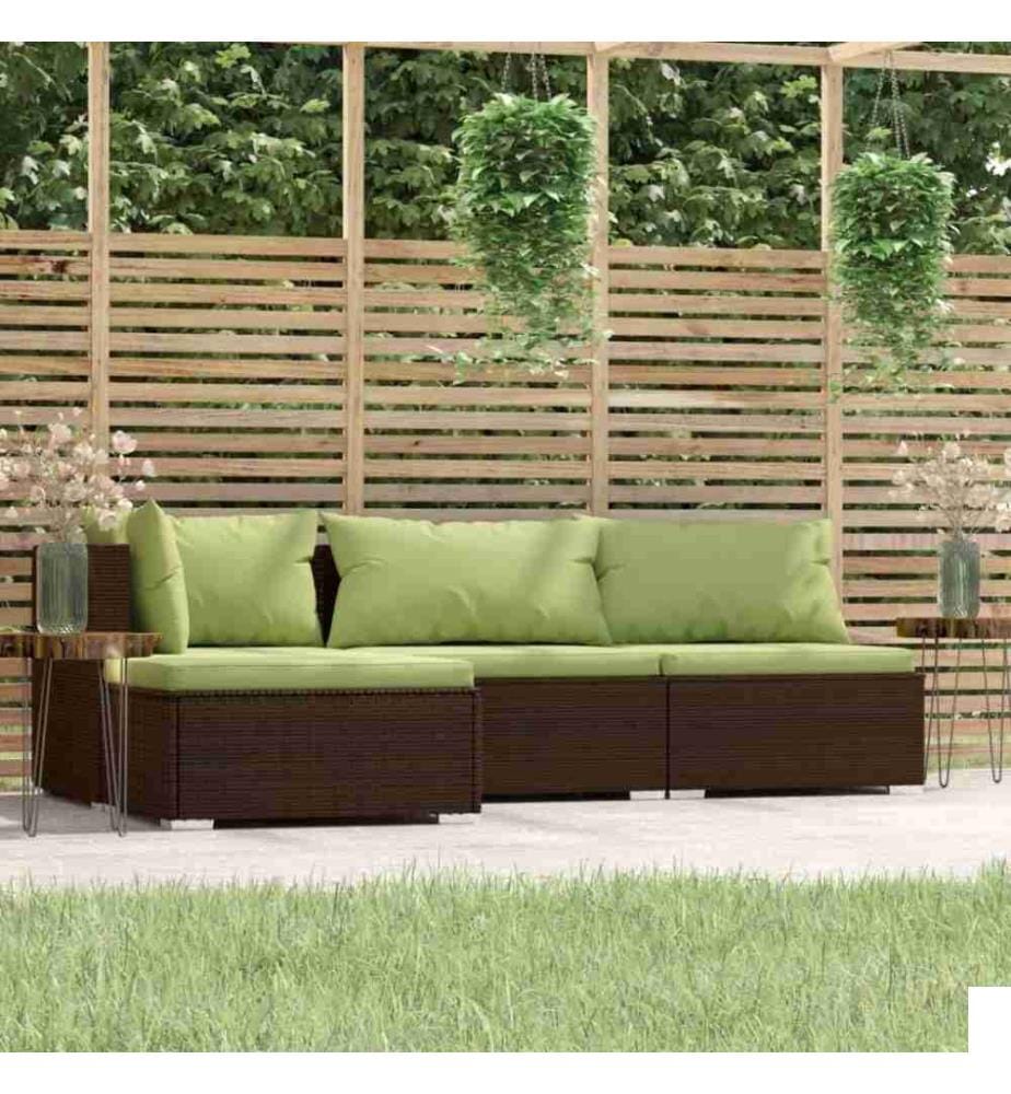Salon de jardin 4 pcs avec coussins Marron Résine tressée