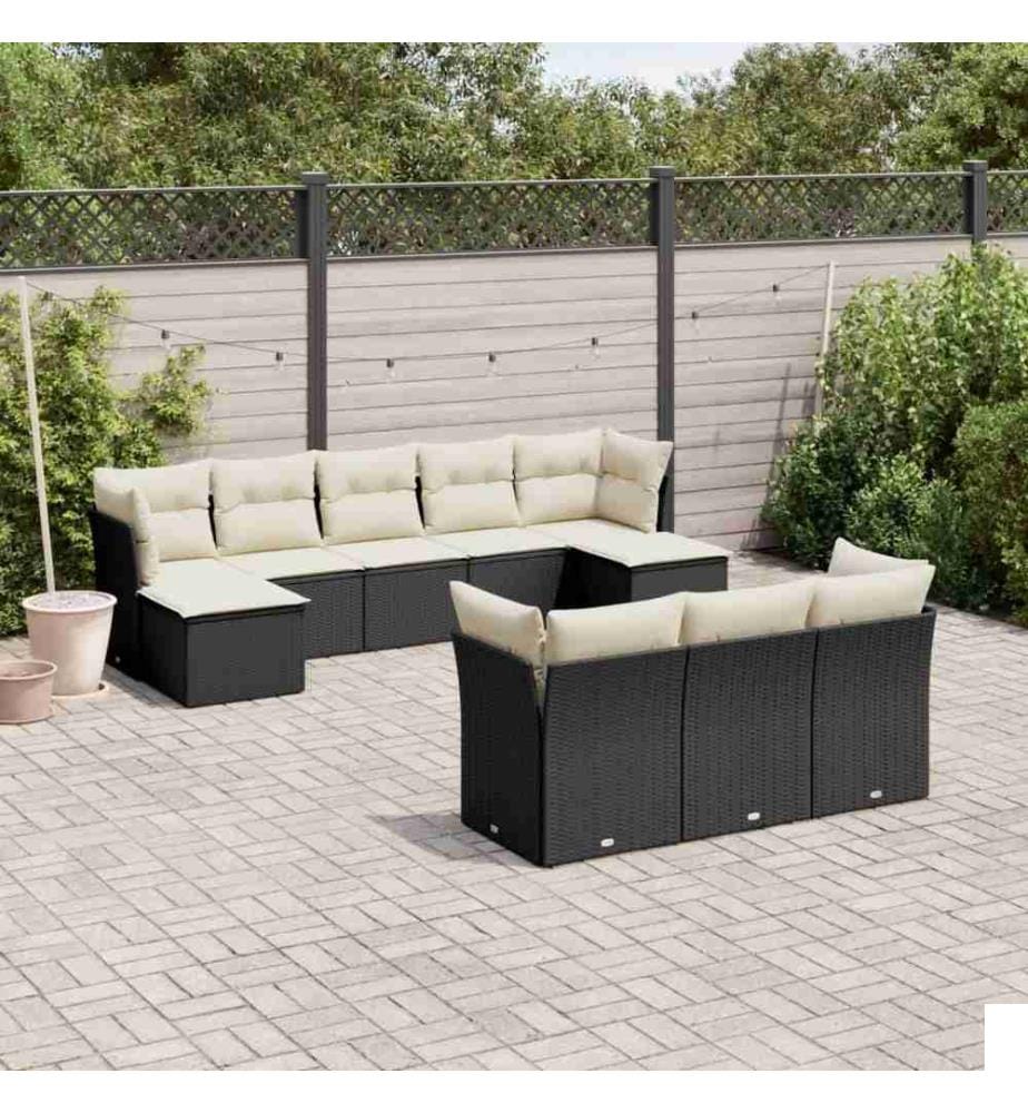 Salon de jardin 10 pcs avec coussins noir résine tressée