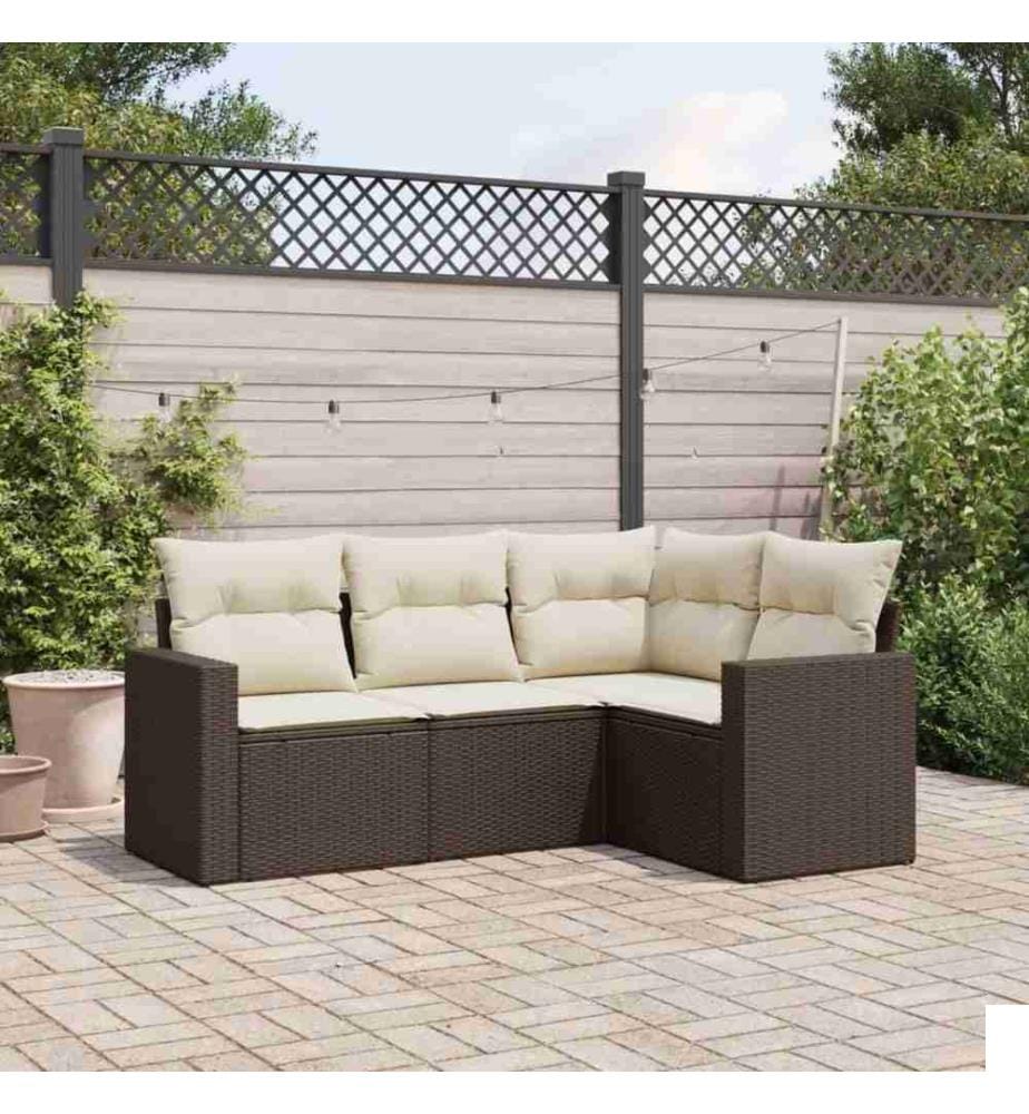 Salon de jardin 4 pcs avec coussins marron résine tressée