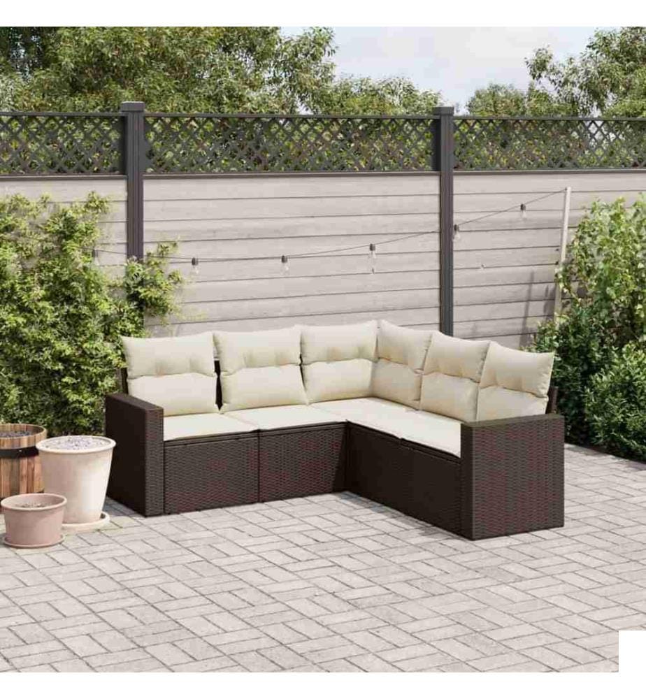 Salon de jardin avec coussins 5 pcs marron résine tressée